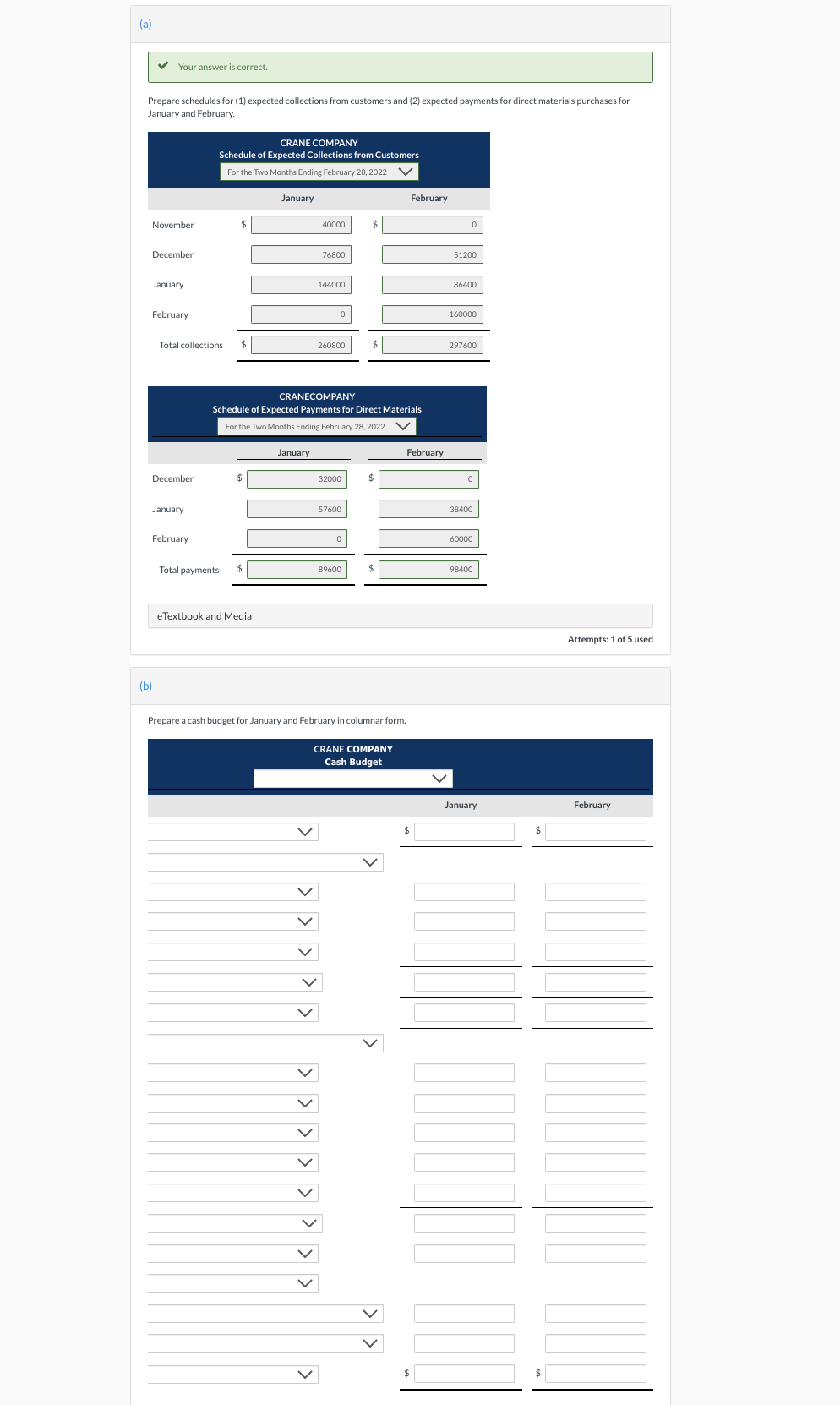 (a) Your answer is correct. Prepare schedules for (1) expected collections