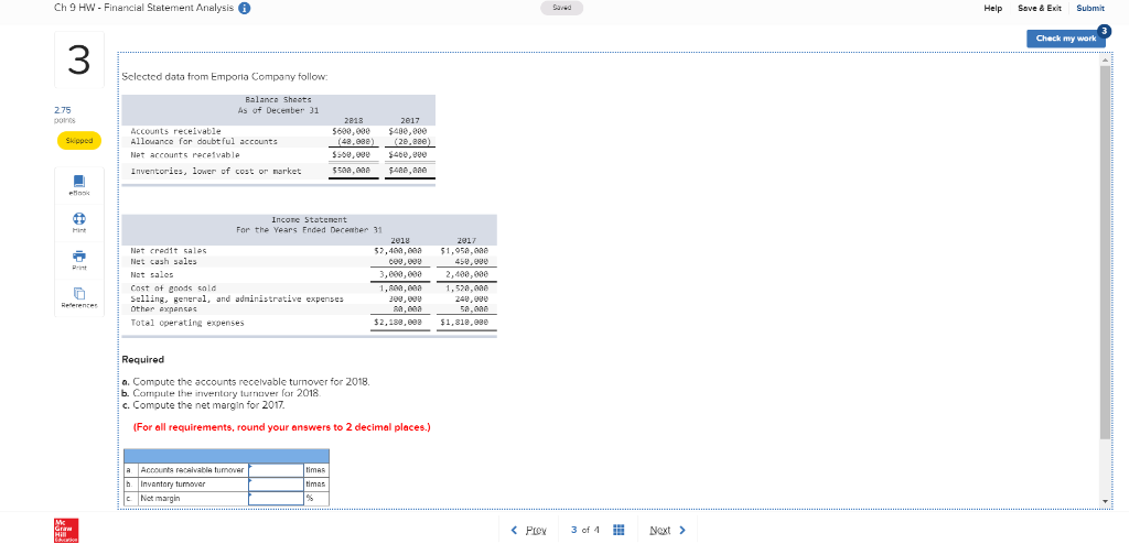  Ch 9 HW- Financial Statement Analysis Help Sove & Exit Submit