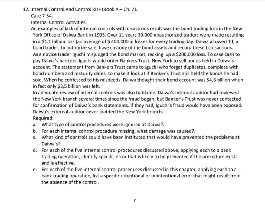  12. Internal Control And Control Risk (Book A-Ch. 7) Case 7-34