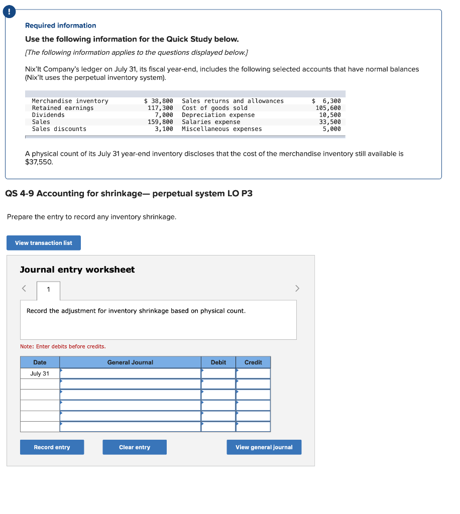  Required information Use the following information for the Quick Study below.