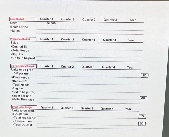 provided to you, create a sales budget, production budget, direct materials purchases