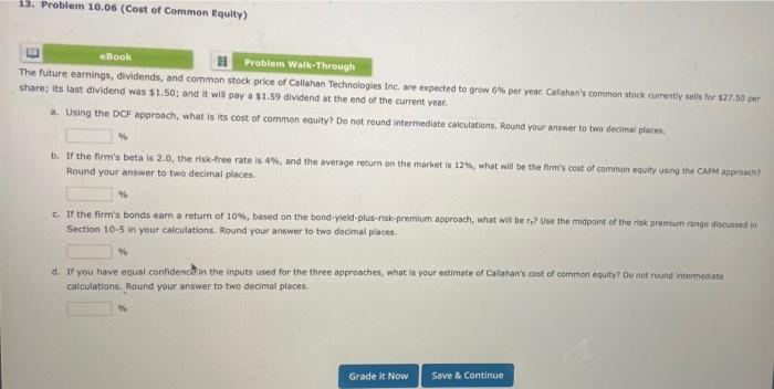  13. Problem 10.06 (Cost of Common Equity) eBook Problem Walk-Through The