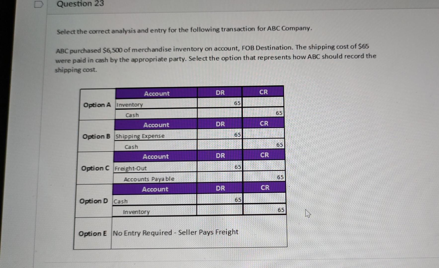  D Question 23 Select the correct analysis and entry for the