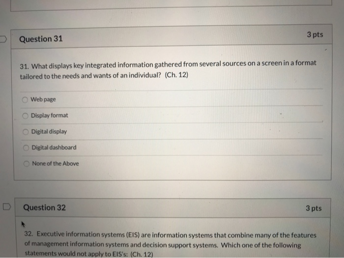  3 pts Question 31 31. What displays key integrated information gathered