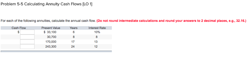 Problem 5-5 Calculating Annuity Cash Flows [LO 1 For each of