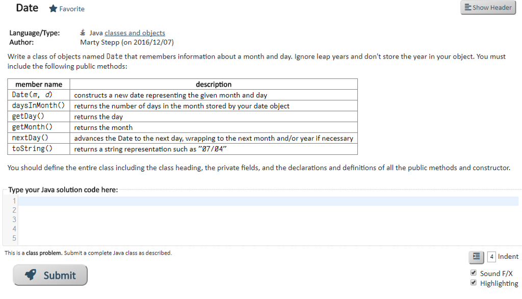 Date Favorite Show Header Language/Type Author: Java cl Marty Stepp (on
