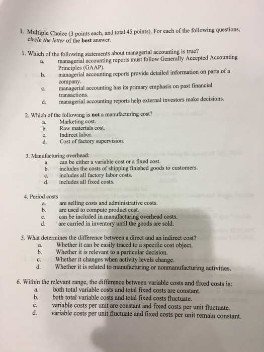  ultiple Choice (3 points each, and total 45 points). For each