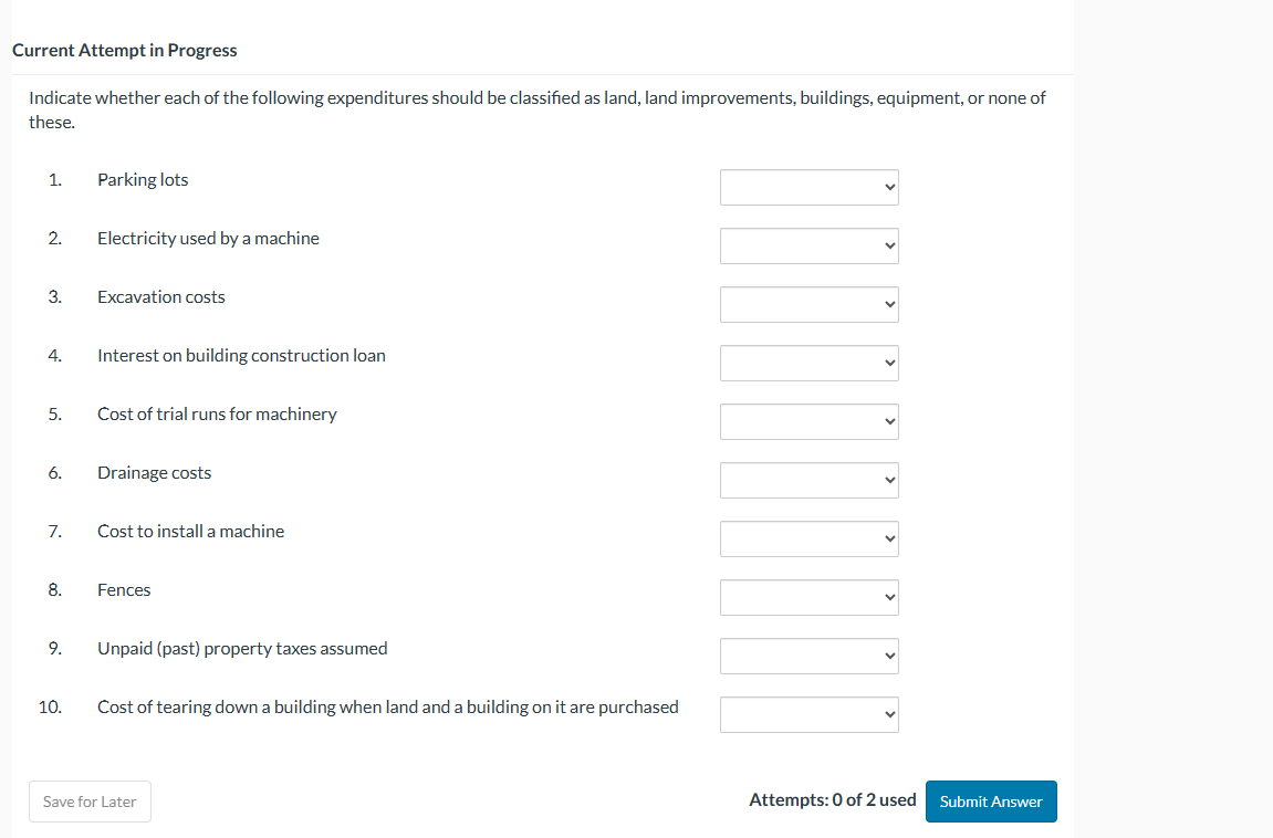  Current Attempt in Progress Indicate whether each of the following expenditures