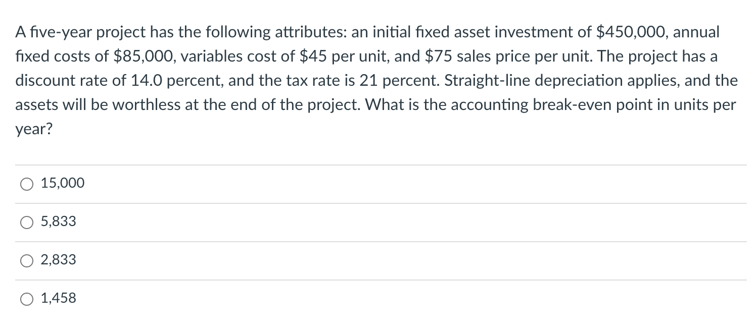  A five-year project has the following attributes: an initial fixed asset