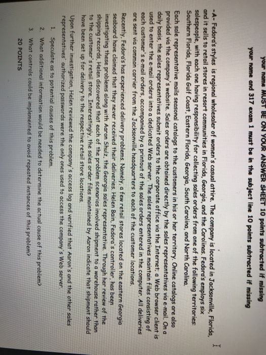  name MUST BE ON YOUR ANSWER SHEET 10 points subtracted if