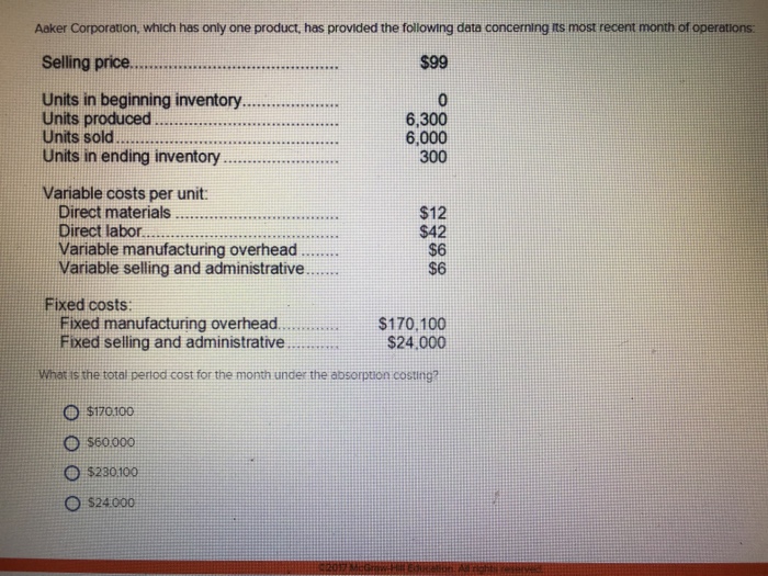  Please help me Aaker Corporation, which has only one product, has