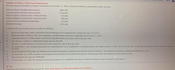  Problem 14-02A a-c (Part Level Submission) The post closing trial balance