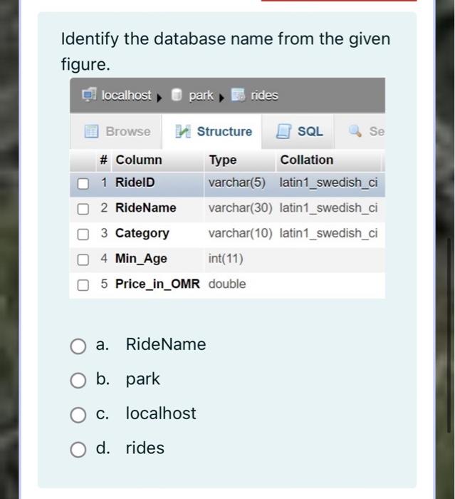FAST FAST FAST ANSWER PLEASE !!only need option Identify the database name