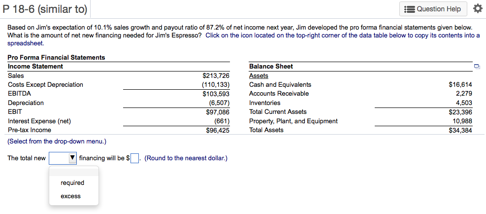 Jim developed the pro forma financial statements given below. What is the