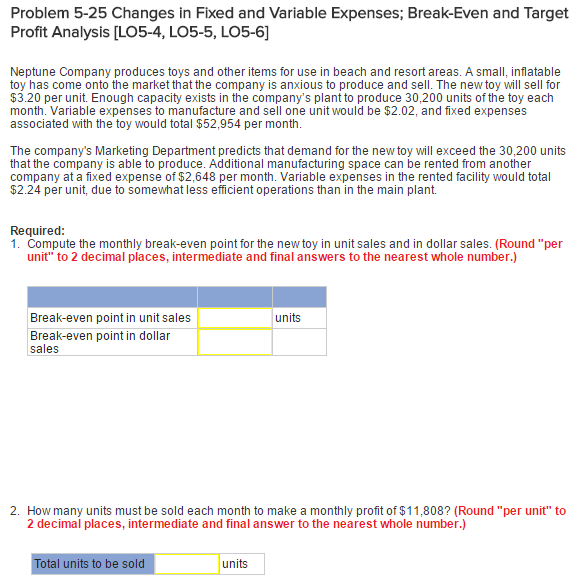 Problem 5-25 Changes in Fixed and Variable Expenses; Break-Even and Target Profit