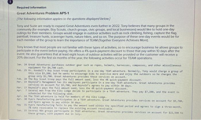 a journal entry sheet for each day Required information Great Adventures Problem