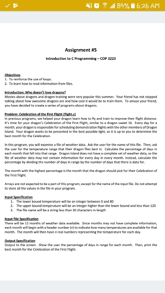  411 89% 6:26 AM Assignment #5 Introduction to C Programming COP