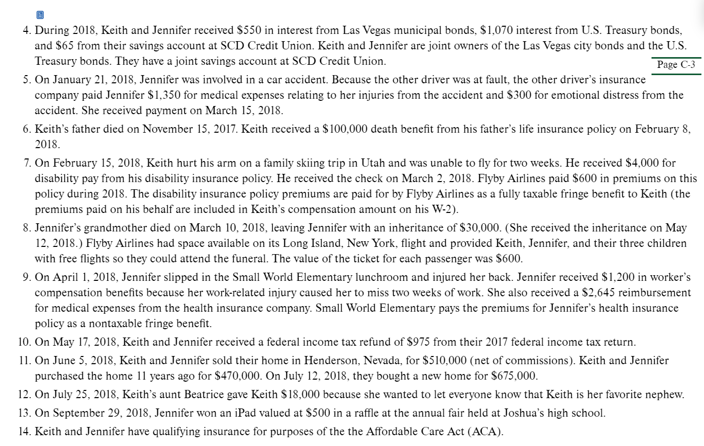 information to complete Keith and Jennifer Hamilton's 2018 federal income tax return.
