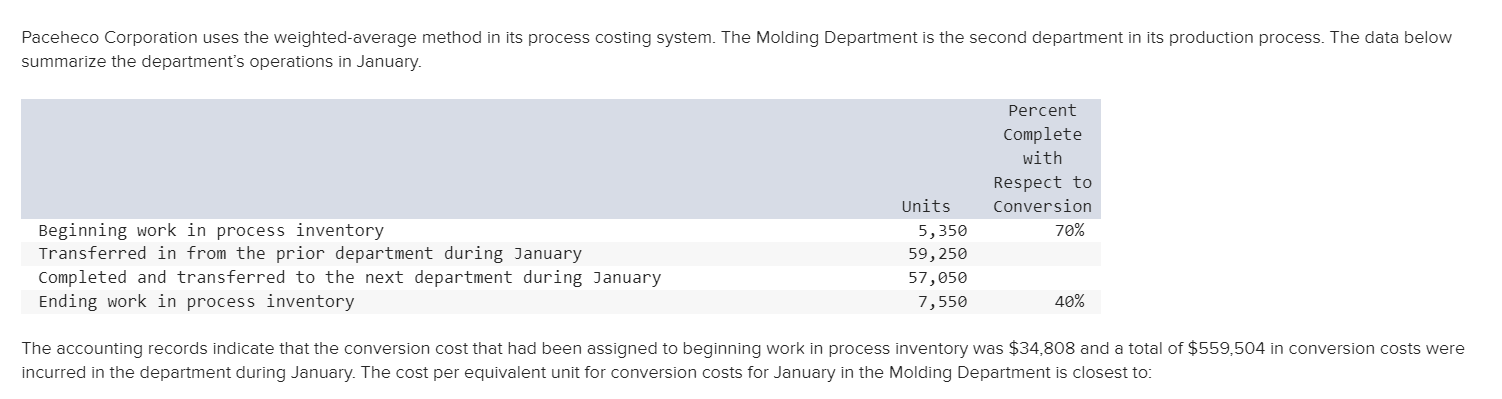 Paceheco Corporation uses the weighted-average method in its process costing system.
