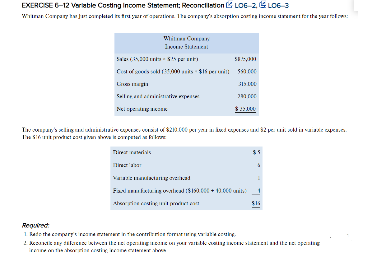  EXERCISE 612 Variable Costing Income Statement; Reconciliation L06-2, 106-3 Whitman Company