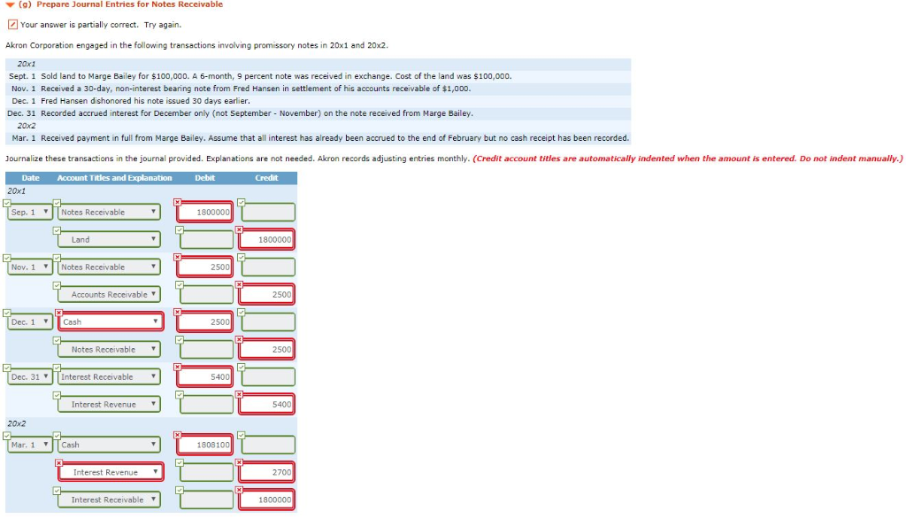  (g) Prepare Journal Entries for Notes Receivable Your answer is partially