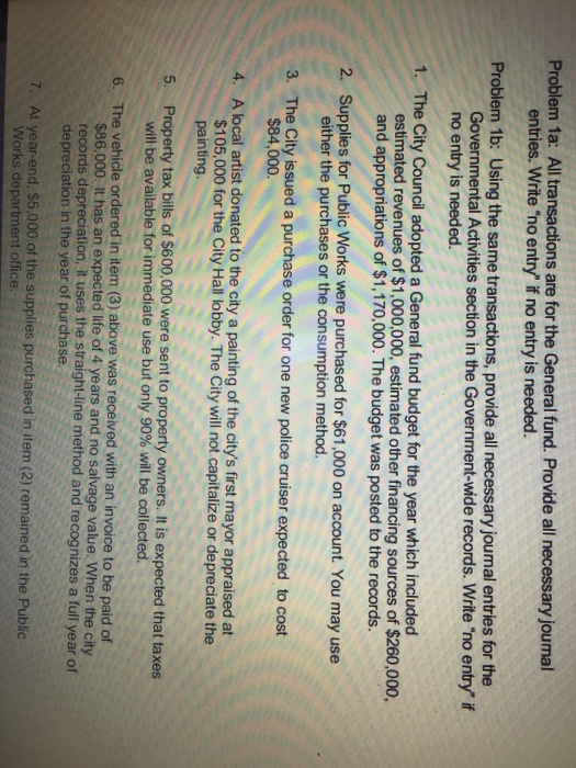  Problem 1a: All transactions are for the General fu nd. Provide
