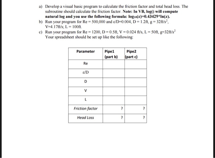 need the code with the Excel sheet Thansk 5. The head loss