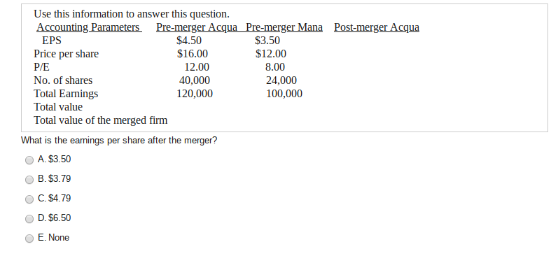 P/E Use this information to answer this question. Accounting Parameters Pre-merger