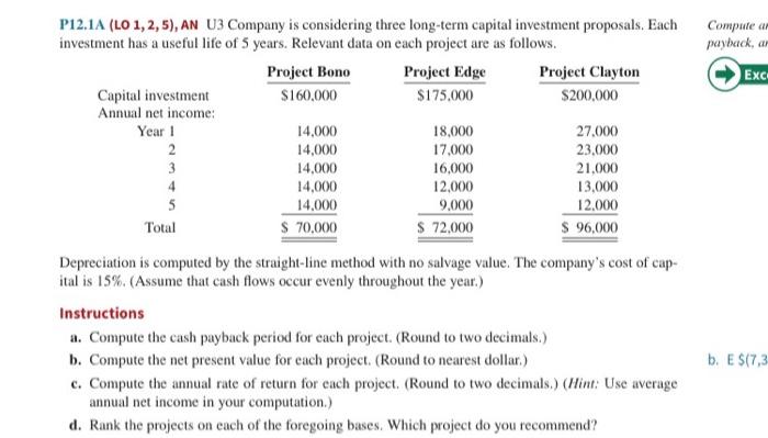  Computea payback, ar Exc P12.1A (LO 1, 2,5), AN U3 Company