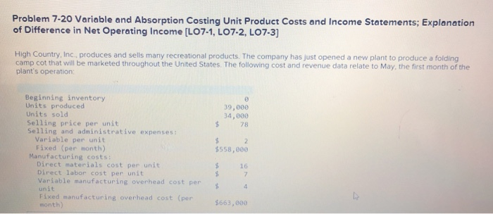  Problem 7-20 Variable and Absorption Costing Unit Product Costs and Income