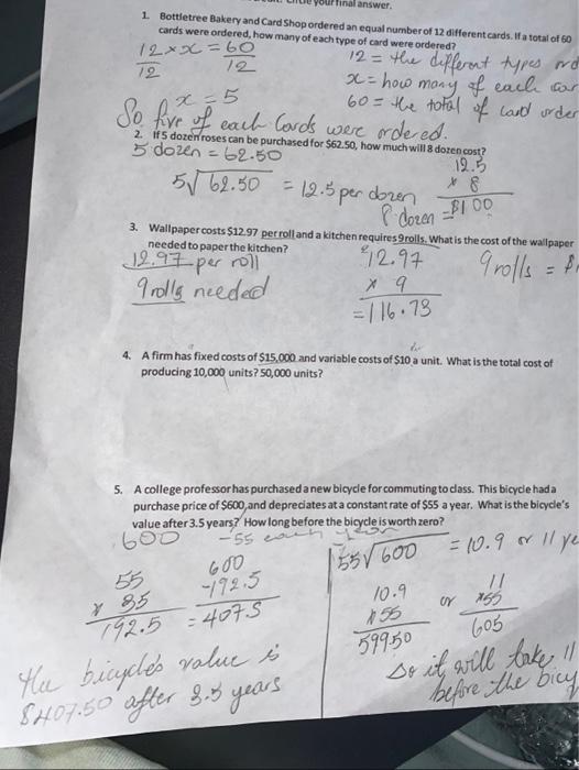  1. Bottletree Bakery and Card Shop ordered an equal number of