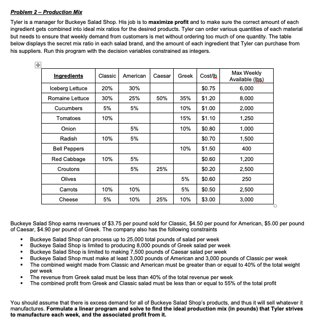  Problem 2 - Production Mix Tyler is a manager for Buckeye