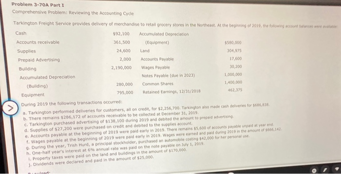  Problem 3-70A Part I Comprehensive Problem: Reviewing the Accounting Cycle e