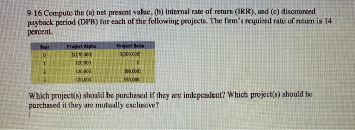  9-16 Compute the (a) net present value, (b) internal rate of