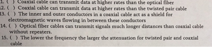  True or false Coaxial cable can transmit data at higher rates