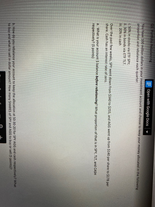  01. Portfolio Rebalancing Open with Google Docs You have 100 million