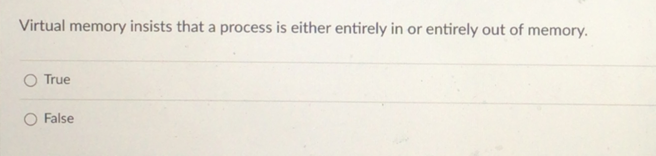  Virtual memory insists that a process is either entirely in or