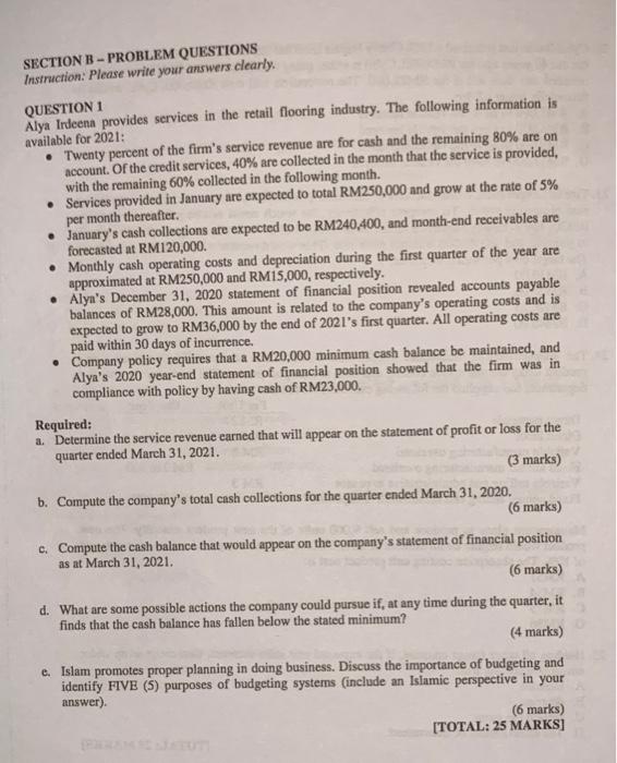  SECTION B - PROBLEM QUESTIONS Instruction: Please write your answers clearly