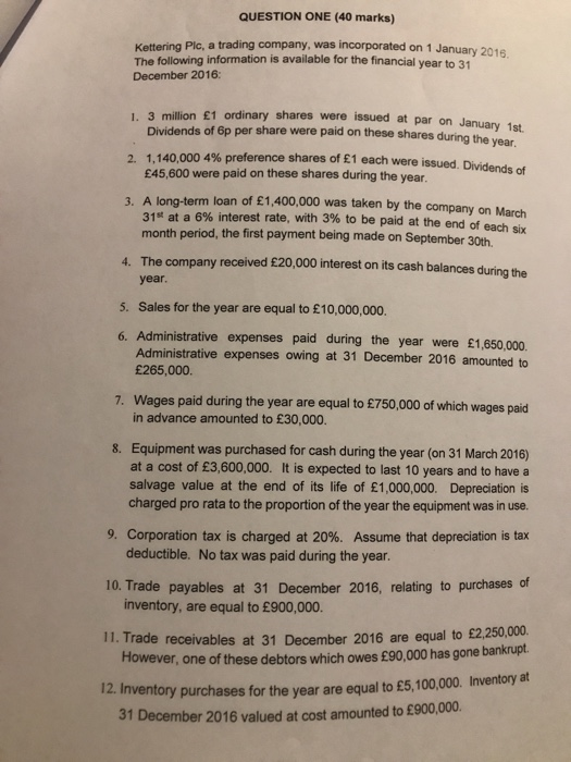 QUESTION ONE (40 marks) Kettering Plc, a trading company, was incorporated