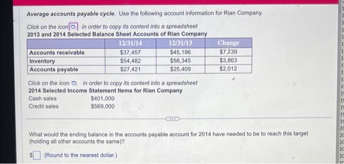  Average accounts payable cycle. Use the following account information for Rian