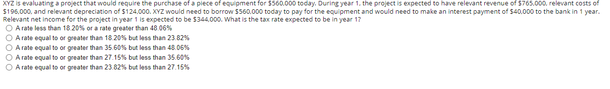 XYZ is evaluating a project that would require the purchase of