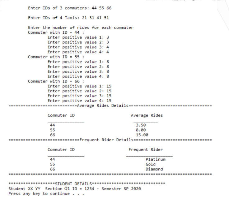 taxi) for different commuters of an online taxi company. The program design