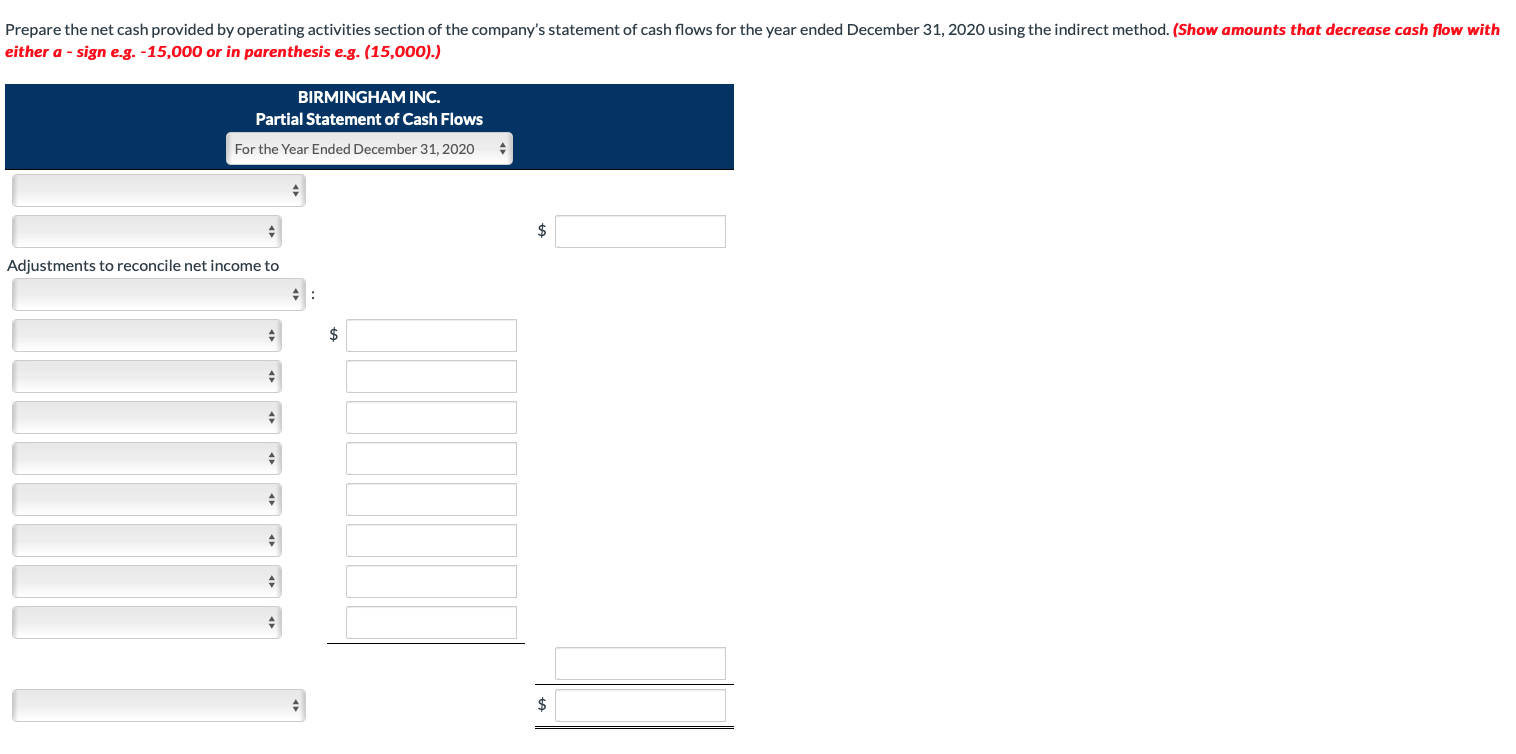 sections of Birmingham Inc.'s balance sheets at December 31, 2019 and 2020,