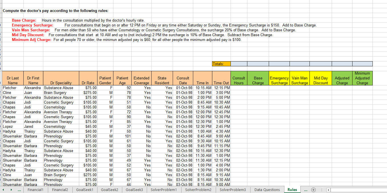 Compute the doctor's pay according to the following rules: Base Charge: