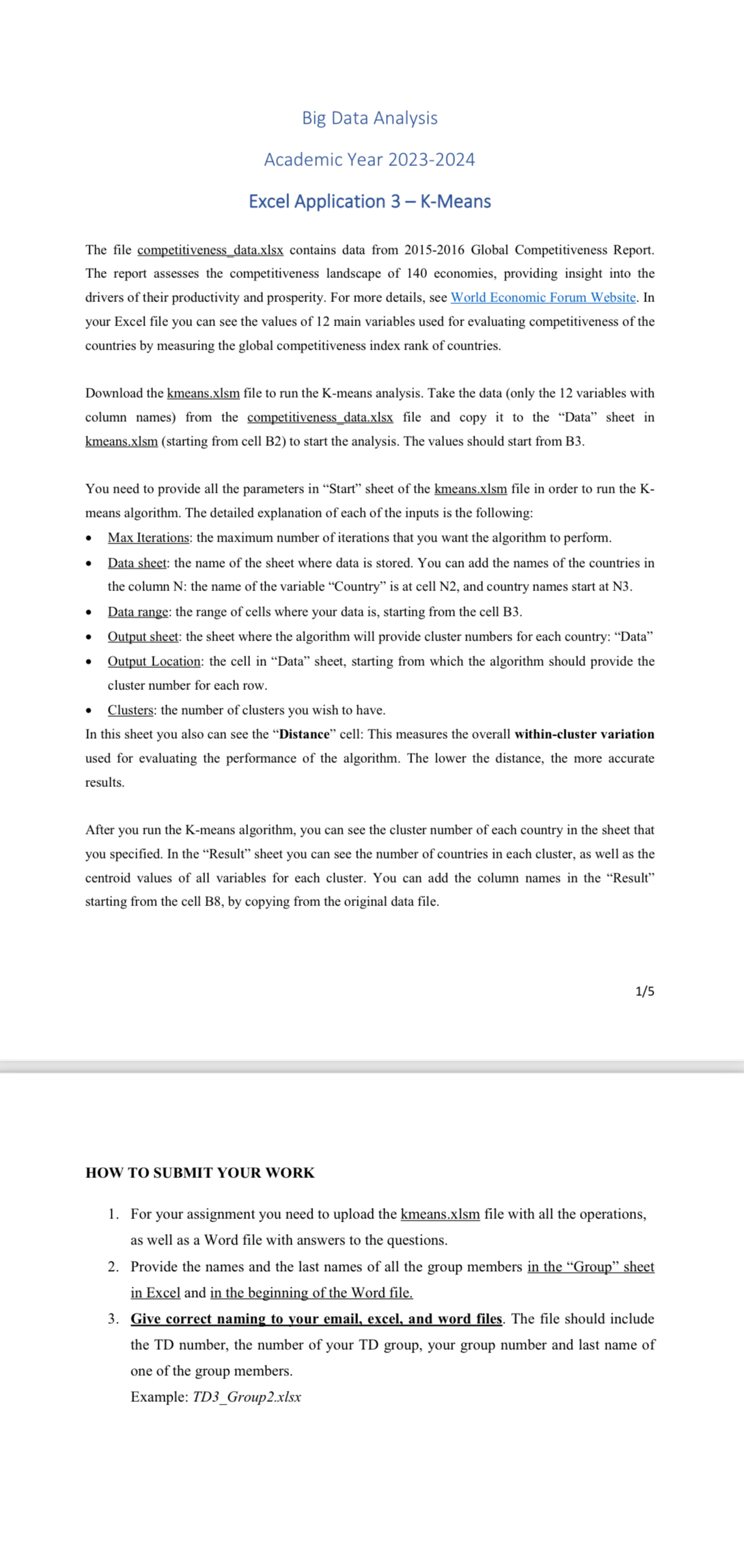  Big Data Analysis Academic Year 2023-2024 Excel Application 3-K-Means The file