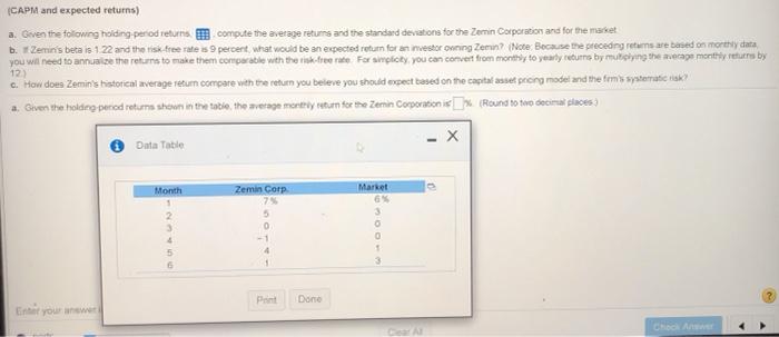  Use the data table to answer the questions. (CAPM and expected