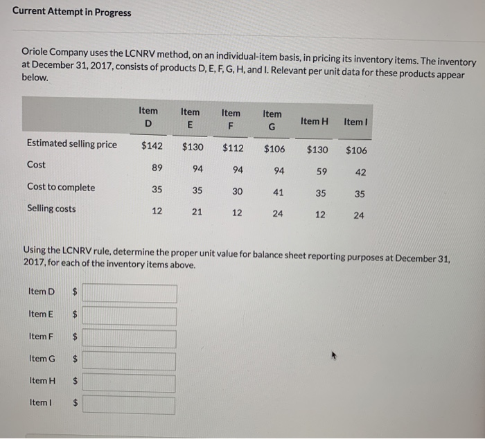  Current Attempt in Progress Oriole Company uses the LCNRV method, on