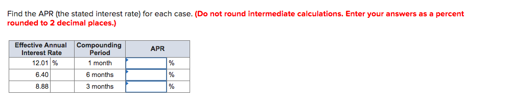  Find the APR (the stated interest rate) for each case. (Do