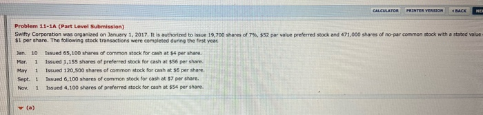  CALCULATOR PRINTER VERSION BACK NE Problem 11-1A (Part Level Submission) Swifty