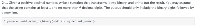  2-1. Given a positive decimal number, write a function that transforms